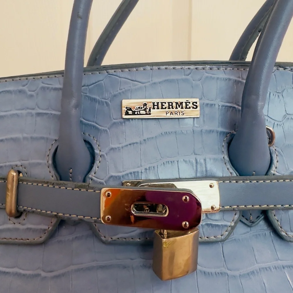 Light Blue Croc-Embossed Satchel with Detachable Strap
